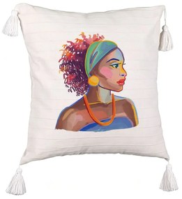 Perna Decorativa cu Franjuri, Model Golden African, 45x45 cm, Ecru, Cu fermoar