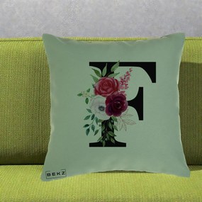 Cadou Personalizat - Perna Personalizata Monograma Florala Litera F, 40x40 cm, Verde, Husa Detasabila, Perna Inclusa, BEKZ®