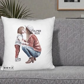 Cadou pentru Mama - Perna Personalizata Super Mom Acuarela, 40x40 cm, Alb Pufos, Husa Detasabila, Perna Inclusa, BEKZ®