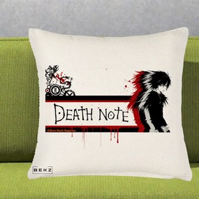 Perna Personalizata Death Note L Lawliet Rosu-Negru, 40x40 cm, Crem Reliefat, Husa Detasabila, Perna Inclusa, BEKZ®