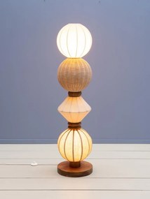 Lampă de podea din in și rattan natur, cu structură din lemn deschis, etaje rotunde suprapuse, finisaj natural, 138×34 cm, „Lumea"