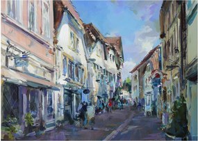 Tablou pe sticlă - Strada orașului vechi, pictură acrilică (70x50 cm)