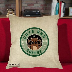 Perna Personalizata Cats and Coffee Starbucks, 40x40 cm, Crem, Husa Detasabila, Perna Inclusa, BEKZ®