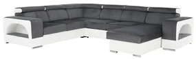 colţar în formă de U, piele ecologică albă/material textil gri, model dreapta, KAMELIA