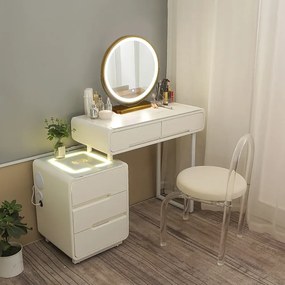 Set Alisa, Masă de toaletă pentru machiaj cu oglindă iluminată LED, control touch, 5 sertare, comoda, scaun, Difuzor Bluetooth, zona încărcare fără fir, Alb