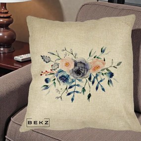 Perna Decorativa Buchet Flori Albastre Acuarela, 40x40 cm, Crem, Husa Detasabila, Perna Inclusa, BEKZ®