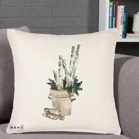 Perna Decorativa Butuci de Mesteacan Watercolor, 40x40 cm, Crem Reliefat, Husa Detasabila, Perna Inclusa, BEKZ®