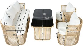 Set mobilier de grădină din PE‑rattan, 5 piese, canapea 3 locuri, 2 fotolii și masă cu blat din sticlă, Bej+Negru+Alb