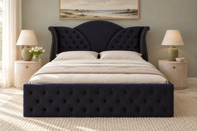 Pat tapițat Chesterfield din catifea Velora 140×200 cm, negru, cu ladă de depozitare