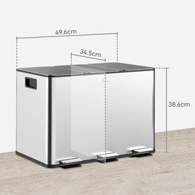 HOMCOM Coș de Gunoi cu 3 Compartimente de 20L, Cu Pedală, Capace cu Închidere Silențioasă, Oțel Inoxidabil și PP, 61,9x36,6x56,7 cm, Argintiu | Aosom Romania