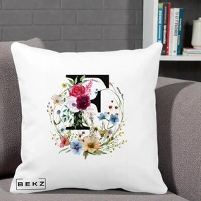 Cadou Personalizat - Perna Personalizata Monogram Litera F cu Flori Acuarela, 40x40 cm, Alba Mata, Husa Detasabila, Perna Inclusa, BEKZ®