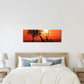 Tablou cu girafe în apus de soare (cu ceas) (90x30 cm)