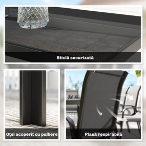 Outsunny Set de Masă de Grădină 9 Piese, Masă și Scaune pentru 8 Persoane, Set Exterior cu Blat din Sticlă Temperată, Negru | Aosom Romania