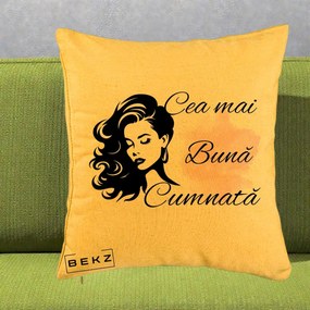 Cadou pentru Cumnata - Perna Personalizata Cea mai Buna Cumnata cu Silueta Dama si Pete Roz, 40x40 cm, Galben, Husa Detasabila, Perna Inclusa, BEKZ®