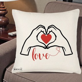 Perna Decorativa Love Maini Inima cu Inscriptie Love Rosu, 40x40 cm, Crem Reliefat, Husa Detasabila, Perna Inclusa, BEKZ®