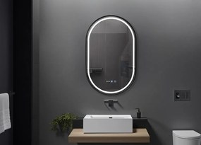 RESIGILAT- Oglinda baie, Multifuncțională, Iluminare LED 3 culori, Ceas încorporat, Sistem Dezaburire, Rama Negru, 50x80 cm