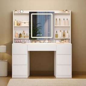 Masuta machiaj cu Oglinda LED si 7 Sertare pentru Cosmetice, Set Masa toaleta 108 cm, Alb, masuta cosmetica, vanity - SEA4