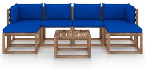 Set mobilier gradina din paleti cu perne, 7 piese, pin tratat Albastru, 2x colt + 2x mijloc + 3x masa, 1