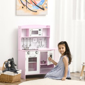 HOMCOM Bucătărie de Jucărie pentru Copii, cu Lumini și Sunete, Dozator Apă, Chiuvetă și Accesorii, MDF, PP, Roz | Aosom Romania