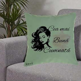 Cadou pentru Cumnata - Perna Personalizata Cea mai Buna Cumnata cu Silueta Dama si Pete Roz, 40x40 cm, Verde, Husa Detasabila, Perna Inclusa, BEKZ®