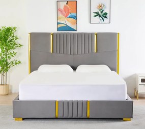 Pat Tapitat din Catifea Gri cu Somiera si Saltea , 160x200 cm, Cod LB-215