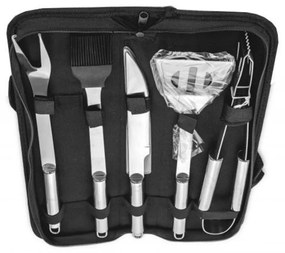 Set 5 ustensile gratar din inox HouseXL BBQ, Cu geanta transport inclusa, Cleste, Spatula, Furculita, Cutit si Perie gratar