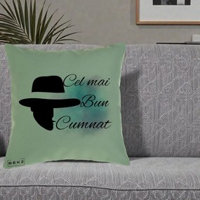 Cadou pentru Cumnat - Perna Personalizata Cel mai Bun Cumnat cu Silueta Palarie si Pete Teal-Roz, 40x40 cm, Verde, Husa Detasabila, Perna Inclusa, BEKZ®