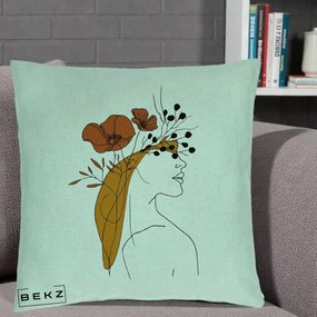 Perna Decorativa Portret Feminin Maci Rosii Auriu, 40x40 cm, Verde Menta, Husa Detasabila, Perna Inclusa, BEKZ®