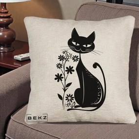 Perna Decorativa Pisica Neagra Grafica Minimalista, 40x40 cm, Bej Canapea, Husa Detasabila, Perna Inclusa, BEKZ®