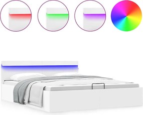 vidaXL Cadru pat hidraulic cu ladă LED alb 160x200 cm, piele ecologică