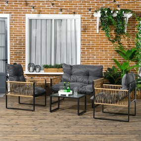 Outsunny Set mobilier grădină 4 piese canapea 2 locuri 2 fotolii și 1 măsuță blat din sticlă securizată 3 perne - gri | Aosom Romania