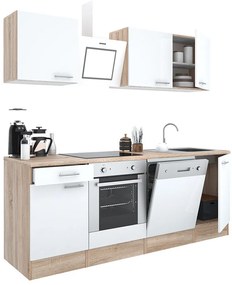 Mobilă de bucătărie Yorki 220, corp din stejar sonoma, față alb satinat cu element inferior al cuptorului