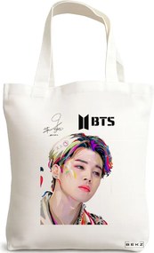 Sacosa de Panza pentru Cumparaturi, Geanta Tote, model BTS Jimin cu semnatura 3, 38x34.5 cm, Alba, BEKZ®