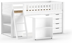 Set pat semi-supraetajat pentru copii SCOTT, alb, 90 x 200 cm, din pin scandinav și MDF, cu birou glisant, bibliotecă și comodă cu 4 sertare – Vipack