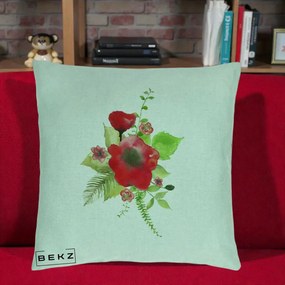 Perna Decorativa Buchet Rosu Acuarela, 40x40 cm, Verde Menta, Husa Detasabila, Perna Inclusa, BEKZ®