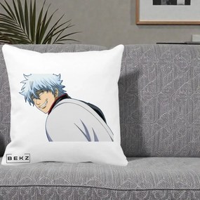 Perna Personalizata Gintama Gintoki Portret cu Zambet, 40x40 cm, Alba Mata, Husa Detasabila, Perna Inclusa, BEKZ®