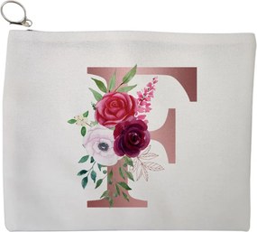 Portfard Cosmetice tip Plic, Cu litera F Rose Gold si Trandafiri, 23x18 cm, Alb, BEKZ®