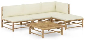 Set mobilier de gradina cu perne alb crem, 5 piese, bambus Crem, colt + 2x mijloc  + suport pentru picioare + masa, 1