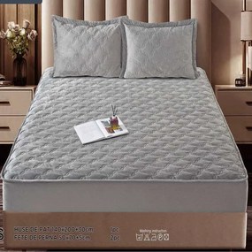 Husa de pat matlasata si 2 fete de perne din catifea, cu elastic, model tip topper, pentru saltea 140x200 cm, gri, HTC-32