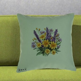 Perna Decorativa Lavanda cu Margarete Galbene si Lila, 40x40 cm, Verde, Husa Detasabila, Perna Inclusa, BEKZ®
