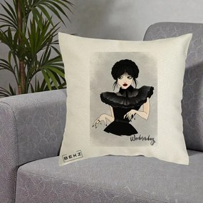 Perna Personalizata Wednesday Addams Portret Gotic, 40x40 cm, Ecru, Husa Detasabila, Perna Inclusa, BEKZ®