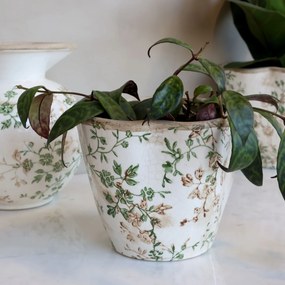 Ghiveci decorativ tronconic alb din ceramică antichizată, pictat manual, cu decor floral-vegetal, 13x15,5 cm, „Grasse"