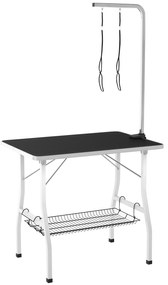 PawHut Masă de Îngrijire pentru Câini, Masă de Tuns cu braț reglabil, spațiu de depozitare, suprafață din cauciuc, 90 x 60 x 76 cm, Negru | Aosom Romania