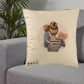 Cadou pentru Mama - Perna Personalizata Mama si Baietelul cu Ursulet, 40x40 cm, Bej, Husa Detasabila, Perna Inclusa, BEKZ®