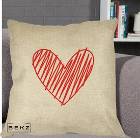 Perna Decorativa Inima Rosie Desen Manual, 40x40 cm, Crem, Husa Detasabila, Perna Inclusa, BEKZ®
