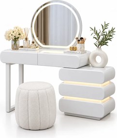 Set ÉLORIA — Masă de Toaletă pentru Machiaj cu Oglindă iluminată LED, 3 culori, Control Touch, Comodă cu sertare iluminate, Taburet, Alb