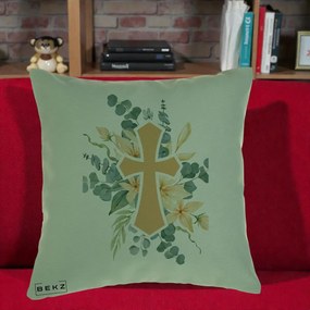 Perna Personalizata Cruce Florala Botez, 40x40 cm, Verde, Husa Detasabila, Perna Inclusa, BEKZ®
