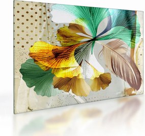 Tablou pe sticlă - Frunze cu pană (70x50 cm)