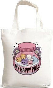 Sacosa de Panza pentru Cumparaturi, Geanta Tote, model My happy pills 38 x 34.5 cm, Alba, BEKZ®