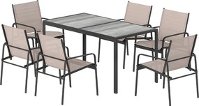 Outsunny Set masă și scaune pentru grădină cu masă cu efect lemn și 6 scaune cu șezut respirabil pentru terasă patio kaki | Aosom Romania
